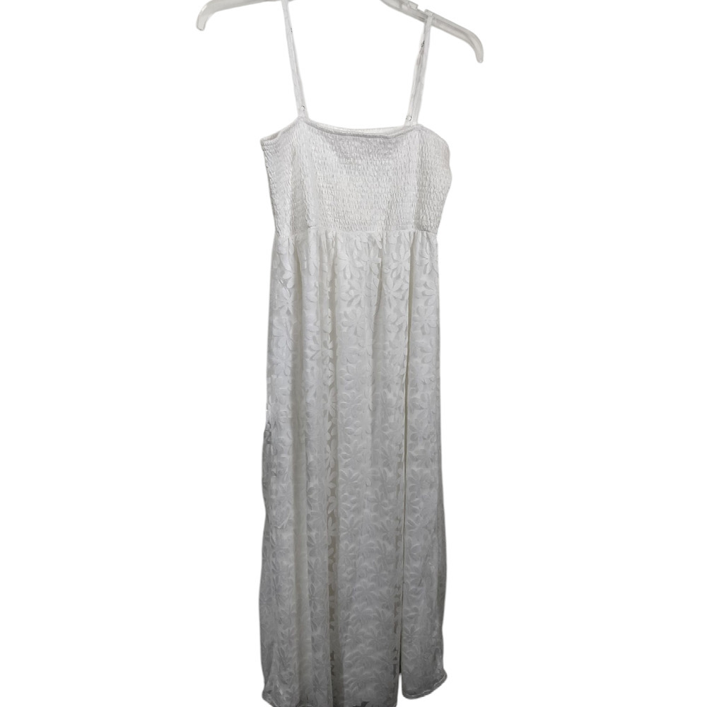 3415)Siren Lily Sleeveless White Smocked Floral Baby Doll Maternity Dress Large